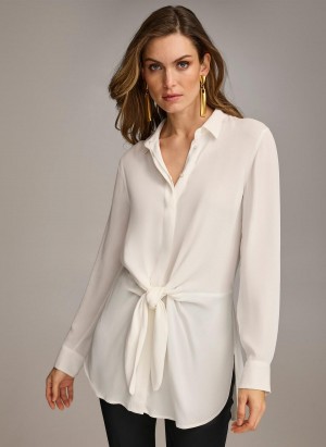 Sweaters and Tops Donna Karan Long Sleeve High-low With Tie At Waist Creme | Ecuador_DK21472