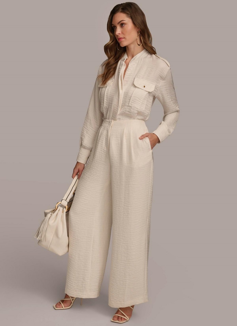 Pantalon Donna Karan Plisado Wide Leg Creme | Ecuador_DK36963