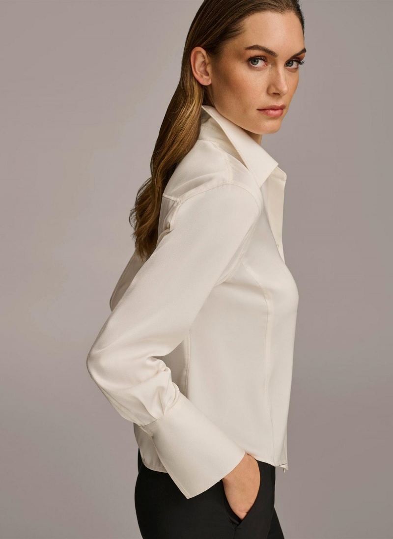 Sweaters and Tops Donna Karan Collared Button Down Blouse Creme | Ecuador_DK36205