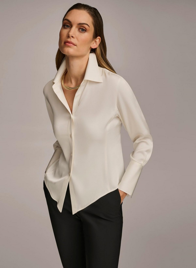 Sweaters and Tops Donna Karan Collared Button Down Blouse Creme | Ecuador_DK36205