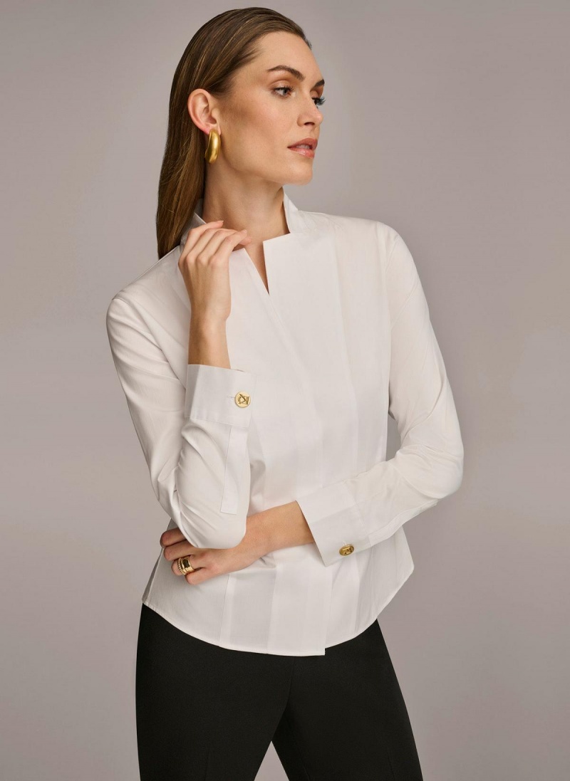 Sweaters and Tops Donna Karan Cotton Notch Collar Button Down Blancas | Ecuador_DK50609