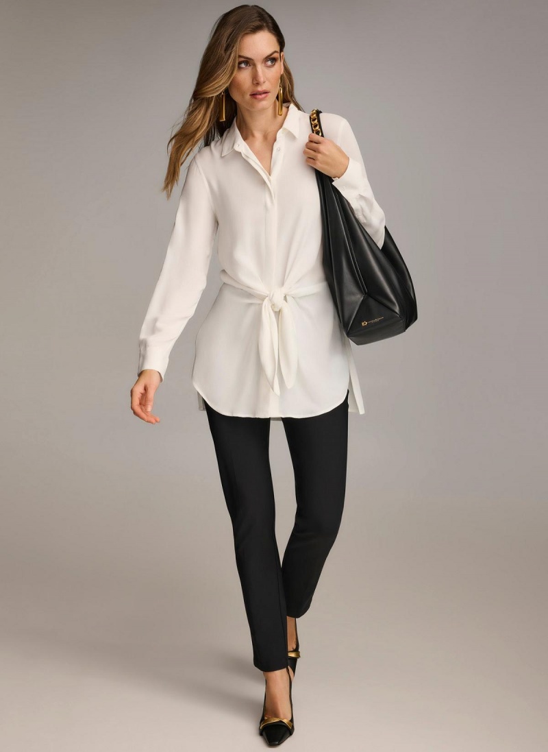 Sweaters and Tops Donna Karan Long Sleeve High-low With Tie At Waist Creme | Ecuador_DK21472