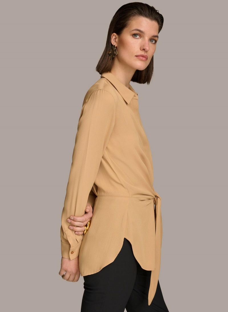 Sweaters and Tops Donna Karan Long Sleeve High-low With Tie At Waist Doradas | Ecuador_DK75723