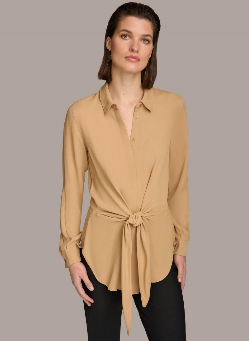 Sweaters and Tops Donna Karan Long Sleeve High-low With Tie At Waist Doradas | Ecuador_DK75723