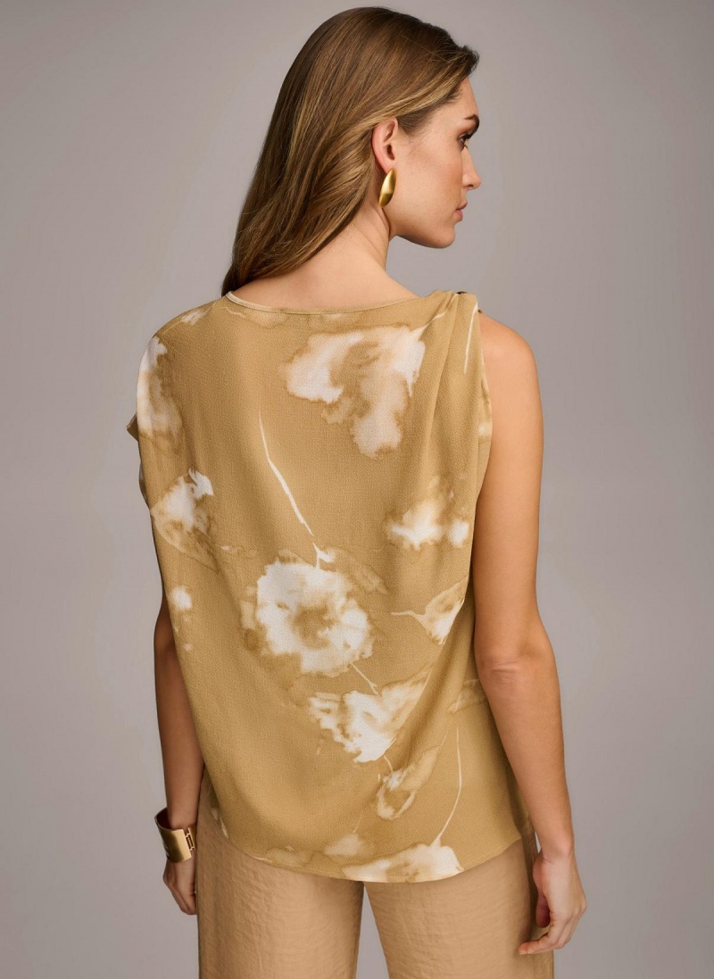 Sweaters and Tops Donna Karan Printed Gathered Hardware Shoulder Doradas Creme | Ecuador_DK86570