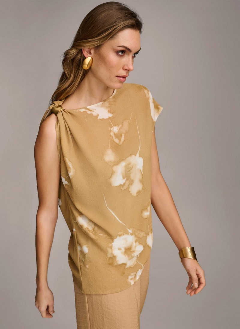 Sweaters and Tops Donna Karan Printed Gathered Hardware Shoulder Doradas Creme | Ecuador_DK86570