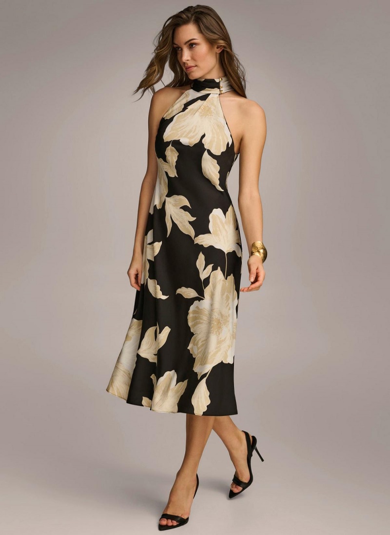 Vestido Donna Karan Halter Floral Print Midi Negras Creme | Ecuador_DK47505