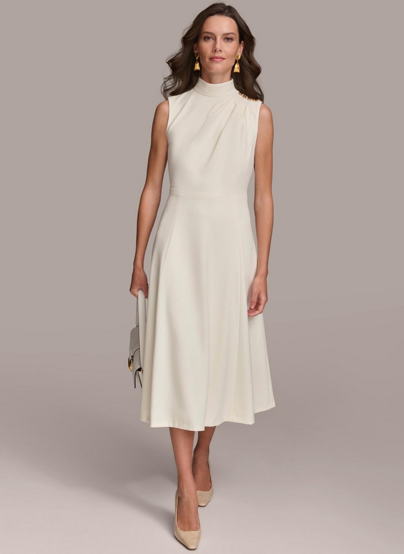 Vestido Donna Karan Mock Neck Midi Creme | Ecuador_DK19823