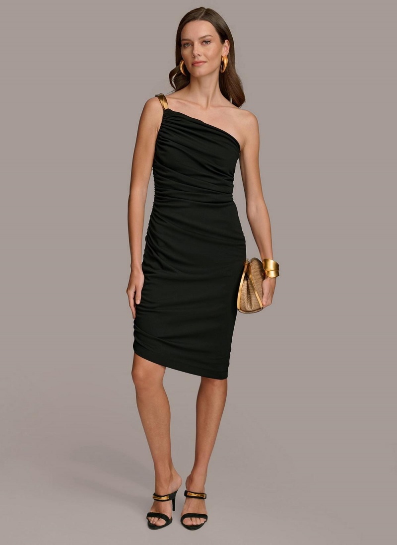 Vestido Donna Karan One Shoulder Ruched Negras | Ecuador_DK33623