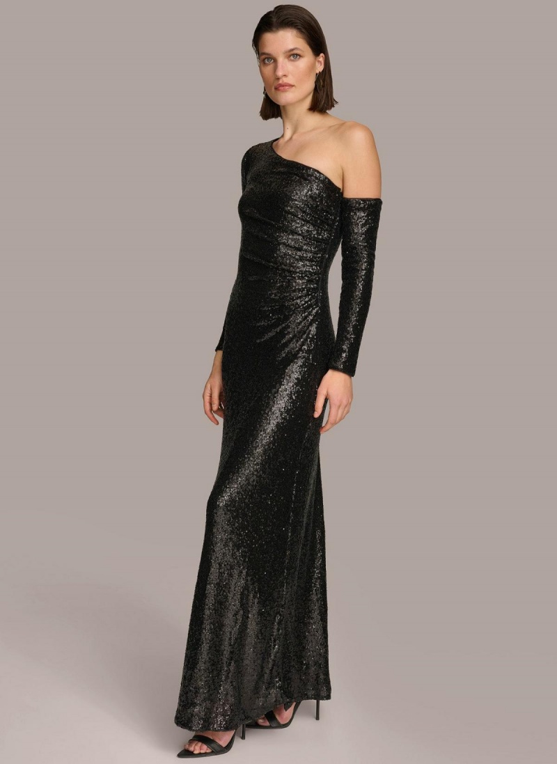 Vestido Donna Karan One Shoulder Sequin Negras | Ecuador_DK75663