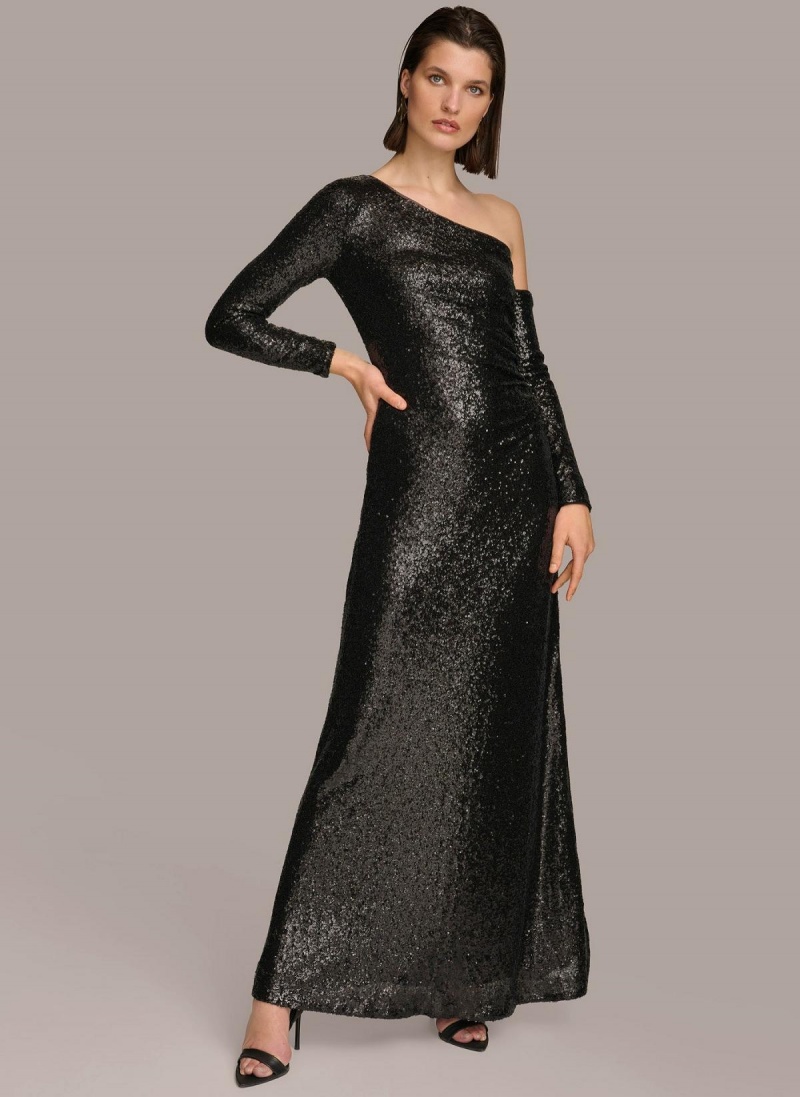 Vestido Donna Karan One Shoulder Sequin Negras | Ecuador_DK75663