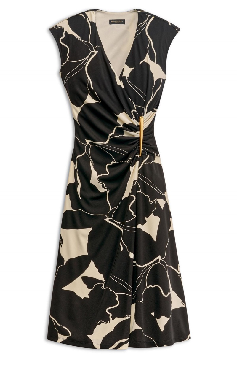 Vestido Donna Karan Vneck Midi Negras Creme | Ecuador_DK36936